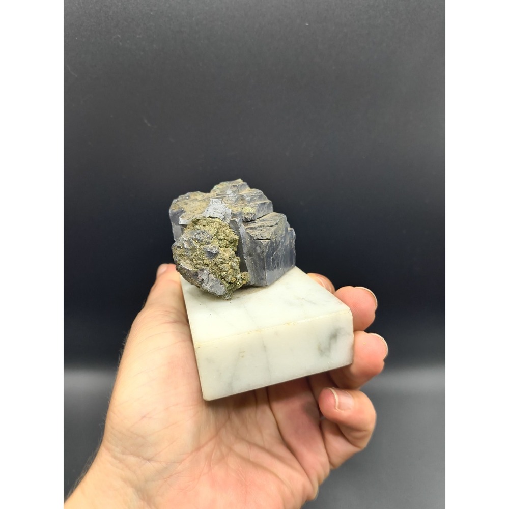 Vintage 1960s Galena & Pyrite Mineral Specimen on Italian Marble Base - 3" x 2", - Picture 4 of 8